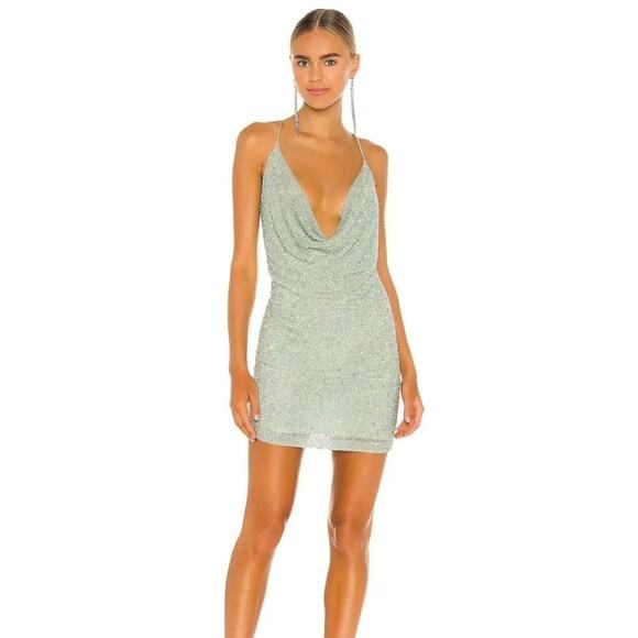 Retrofete Mich Sequin Mini Dress in Mint Aqua Green Medium Beaded Sleeveless